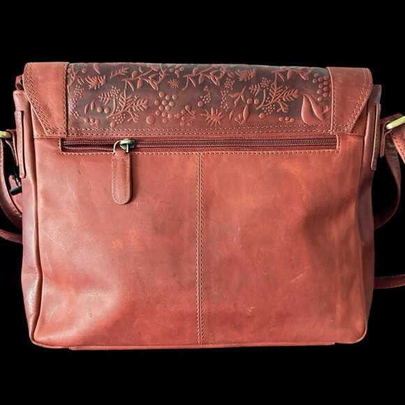 Valenchi Flower Embossed Red Leather Purse Hand Crafted Crossbody Sling Bag - Picture 2 of 11